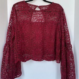 Xhilaration Burgundy Lace Flared Sleeve Crop Top